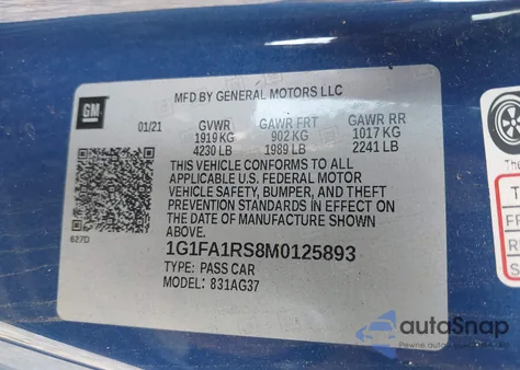 2021 Chevrolet Camaro Rwd 1Lt из США, поврежденный, VIN 1G1FA1RS8M0125893